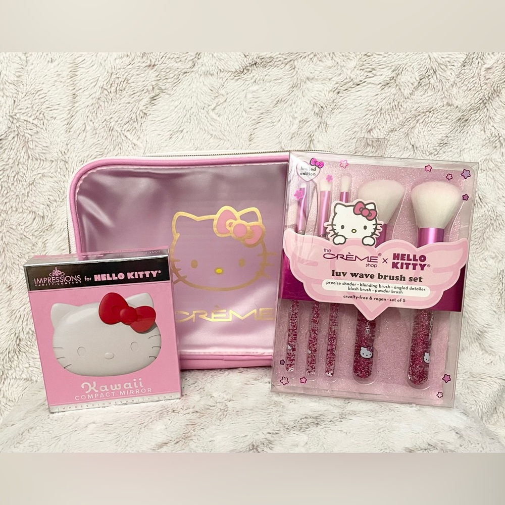 Hello Kitty Bundle Creme Shop Cosmetic Bag Luv Wave Makeup Brush Set Mirror NEW